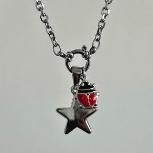 May include: A silver chain necklace with a silver star charm and a red ladybug charm.