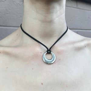 Stainless Steel Circle Pendant Necklace on Black Choker Cord • boho, indie, y2k • choker necklace, minimalist handmade vintage jewelry