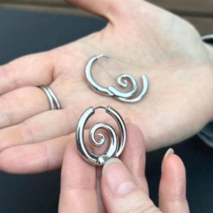 Stainless Steel Spiral Hoop Minimalist Y2K Earrings • Silver Custom Casual Everyday Gothic Jewelry
