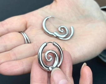 Stainless Steel Spiral Hoop Minimalist Y2K Earrings • Silver Custom Casual Everyday Gothic Boho Jewelry