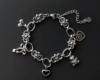 Multi Charm Bracelet: Stainless Steel Y2K Bear, Bow, Heart, Black, Spiral Pendants Piercing Chain