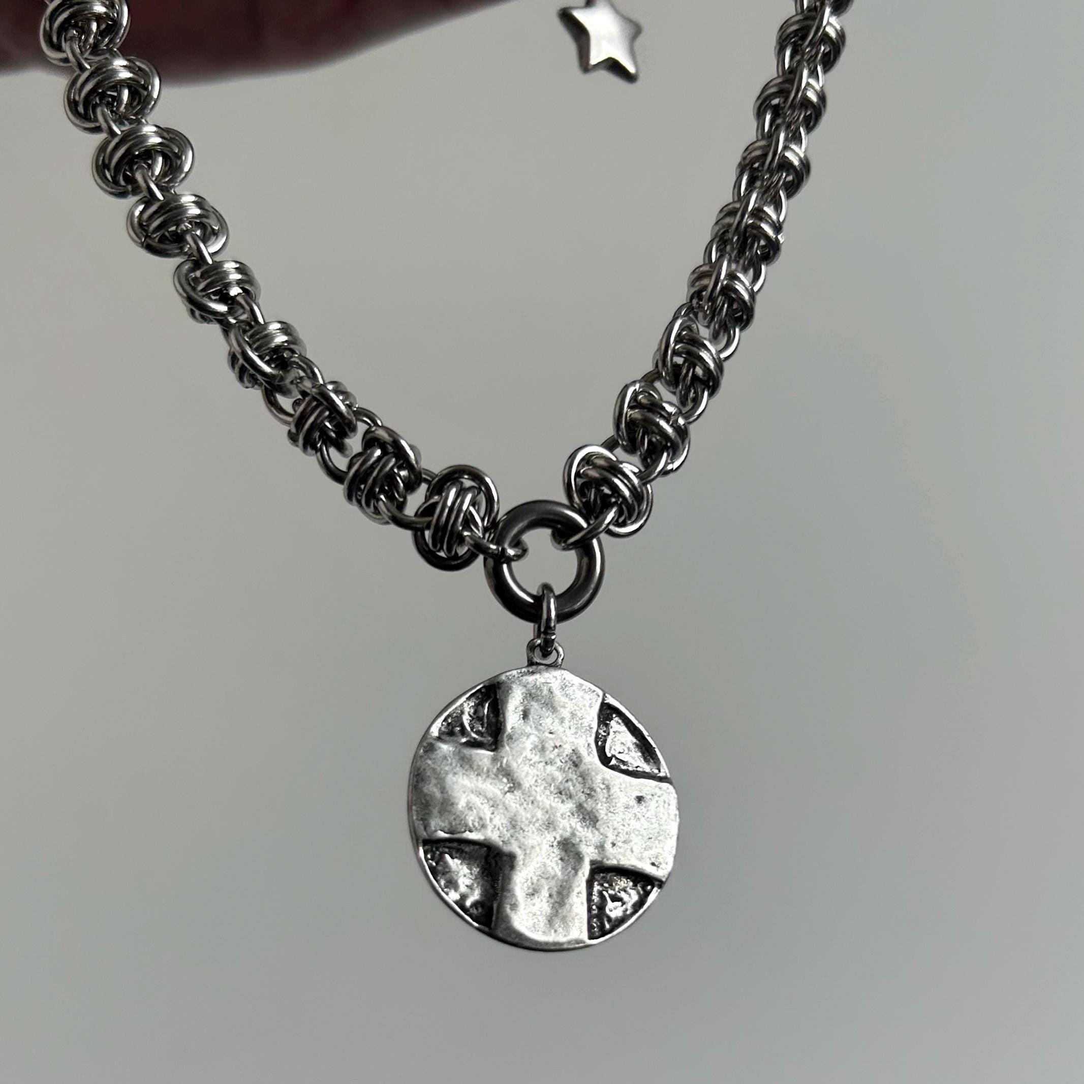 Gothic Alternative Cross Necklace | Chainmail Choker | Distressed 