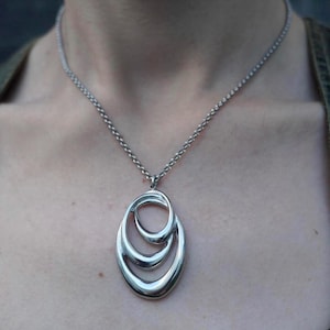 Stainless Steel Geometric Oval Pendant Necklace - Boho Minimalist Silver Jewelry