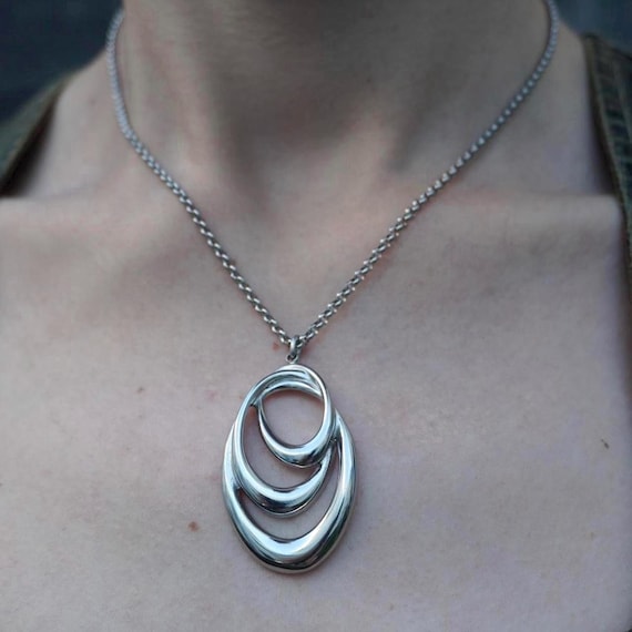 Geometric Oval Pendant Necklace - Boho Silver Jewelry in Stainless Steel