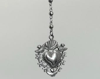 Rosary Inspired Sacred Heart Pendant & Beaded Dainty Chain Stainless Steel Necklace
