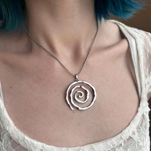 Silver Chunky Spiral Necklace, Waterproof Stainless Steel Vortex Pendant on Snake Chain image 1