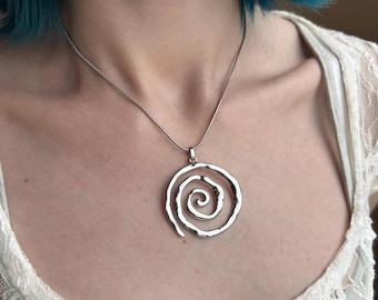 Stainless Steel Chunky Spiral Pendant, Vortex Chain Necklace: Tarnish Free Boho Silver Jewelry