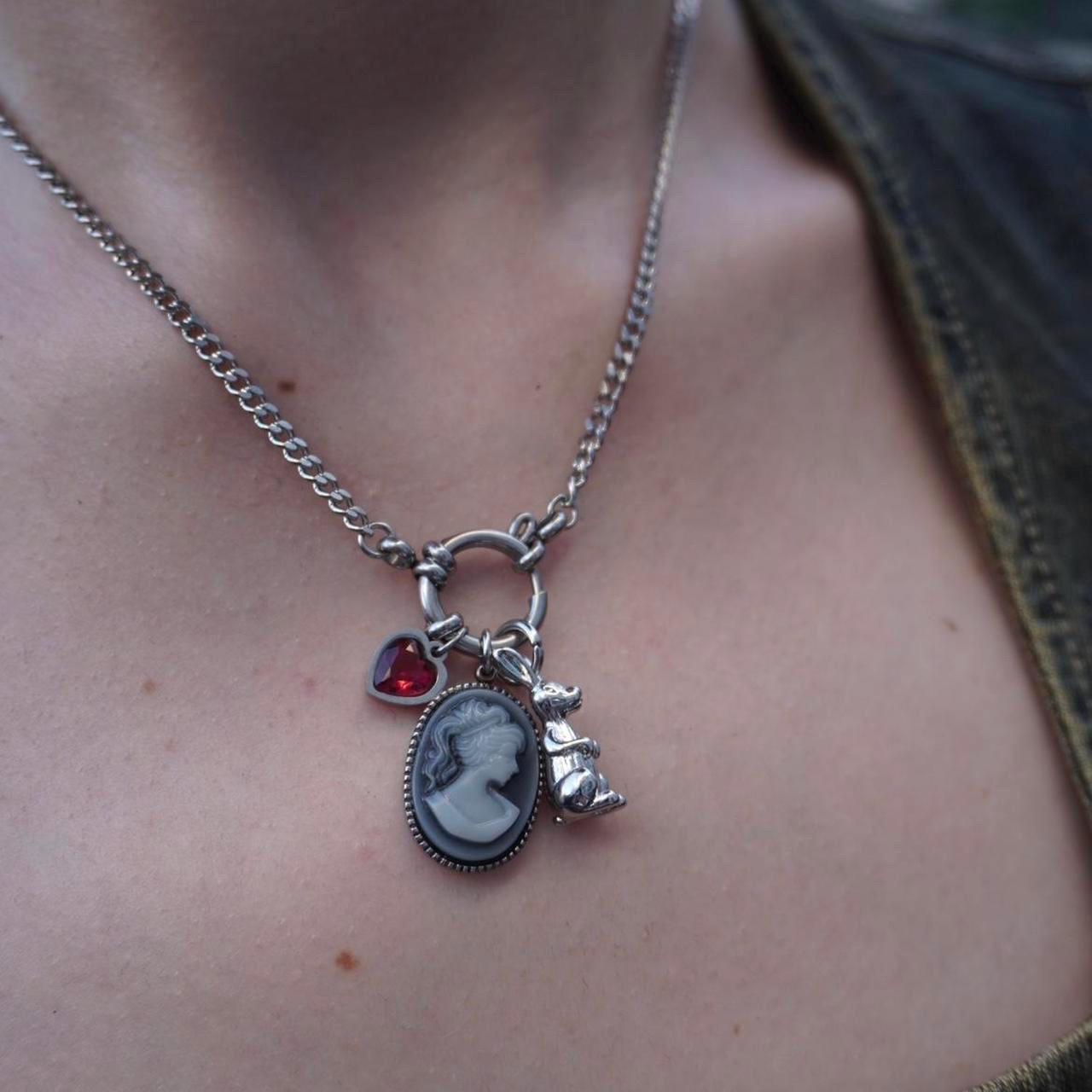 Grunge Cameo Necklace: Red Zircon Heart,rabbit Charm on O Ring 