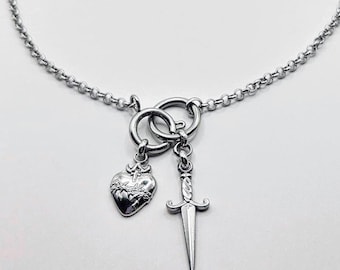 Stainless Steel Sword & Sacred Heart Charm Chain Necklace + O Ring Clasp • Gothic Y2K Silver