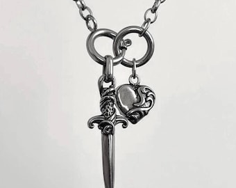 Gothic Sword & Sacred Heart Charm Necklace Stainless Steel Y2K Vintage Silver Chain Jewelry