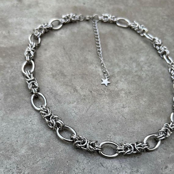 Chainmail Byzantine Choker Necklace Stainless Steel  Chunky Silver Choker, Gothic Y2K Handmade Jewelry