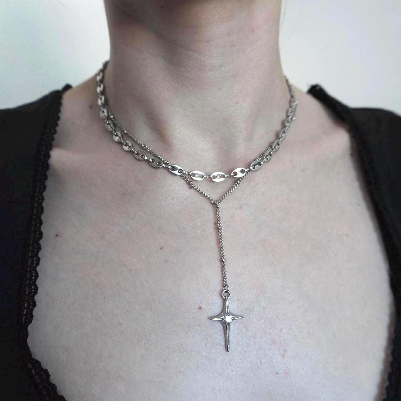Rosary Star Lariat Necklace: Stainless Steel, Gothic, Zircon 