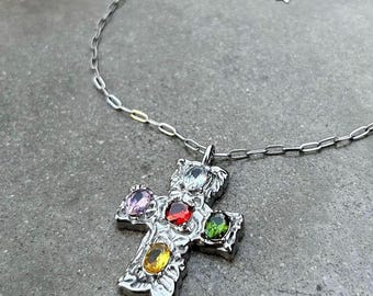 Chunky Silver Cross Necklace Multi Gemstone Pendant, Molten Metal Gothic Cross, Y2K Brutalist Jewelry