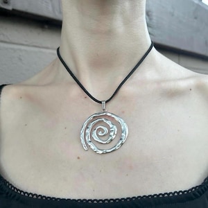 stainless steel chunky spiral pendant necklace on black choker cord • tarnish free boho indie cyber y2k custom handmade silver jewelry gift