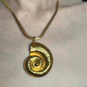 Stainless Steel Gold Statment Spiral Shell Pendant Necklace on Chain • Vintage Boho Indie Beachy Handmade Y2K Jewelry for Her