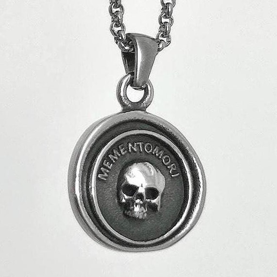 Memento Mori Skull Pendant Charm Chain Necklace • Stainless Steel Gothic Dark Silver Circle Jewelry