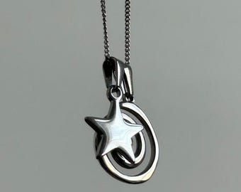 Star and Spiral, Stainless Steel Vortex Pendant Necklace: Tarnish Free Boho Y2K Jewelry