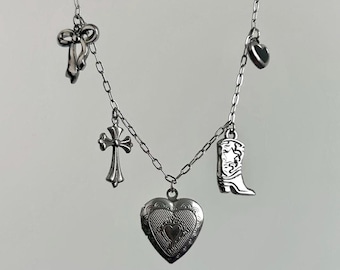 Stainless Steel Multi Charm Heart Locket Necklace: Y2K, Cowboy Boot, Bowknot, Cross
