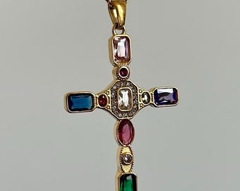 Gold Plated Cross Pendant Necklace: Colorful Zircon Stone, Stainless Steel Chain