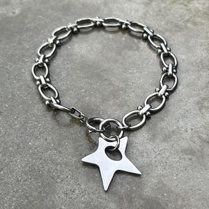 Cyber Star Charm Bracelet: Stainless Steel, Y2K Minimalist Grunge Silver Ball Chain Jewelry