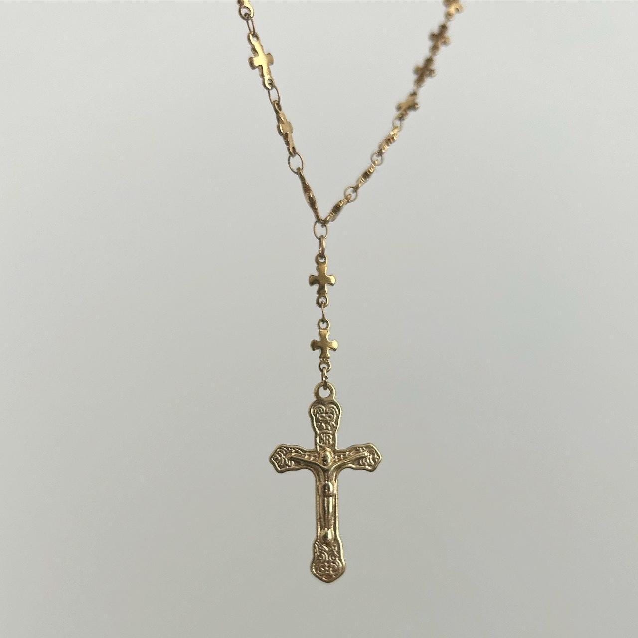 Stainless Steel Gold Rosary Cross Pendant Necklace • Dainty Lariat Necklace Handmade Elegant Minimalist Coquette Y2K Grunge Vintage Jewelry