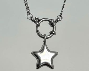 Stainless Steel Star Pendant Charm Necklace: Y2K O Ring Choker Dainty Chain