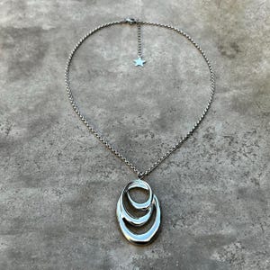 Stainless Steel Geometric Oval Pendant Necklace - Boho Minimalist Silver Jewelry