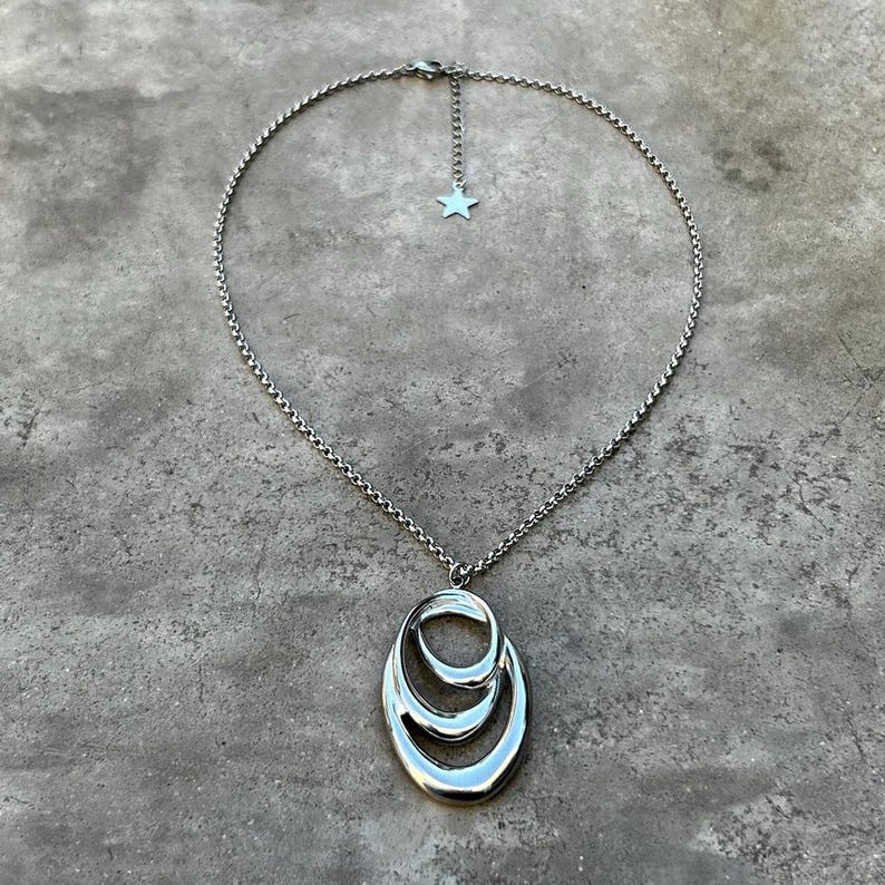 Stainless Steel Geometric Oval Pendant Necklace - Boho Minimalist Silver Jewelry