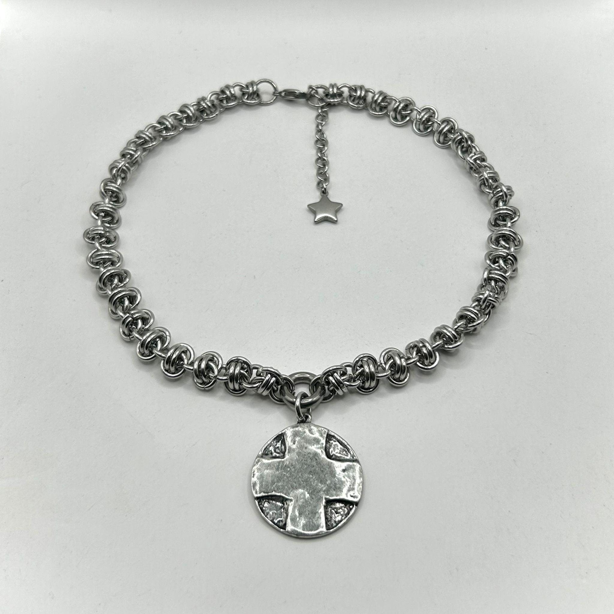 Gothic Alternative Cross Necklace | Chainmail Choker | Distressed 