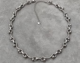 Silver Tone Ball Chain Choker, Stainless Steel Wavy Links, Adjustable Y2K Necklace