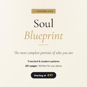 Peut inclure: Graphique crème avec les mots "Soul Blueprint" en lettres noires et dorées. Le texte "Personnalisé" est en haut. Le texte supplémentaire comprend "Le portrait le plus complet de qui vous êtes" et des détails sur le produit.