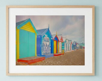 Colourful Beach Huts Wall Art, Watercolour Coastal Print, Seaside Cottage Decor