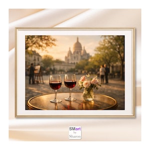 Könnte beinhalten: Gerahmter Kunstdruck mit zwei Weingläsern, gefüllt mit Rotwein, und einer kleinen Vase mit rosa Rosen auf einem runden Tisch. Der Hintergrund zeigt eine europäische Stadtlandschaft mit einer großen Kirche und Menschen.