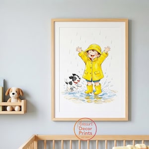Print jongen en puppy, gele regenjas spetterende plas muurkunst, aquarel illustratie voor kinderen