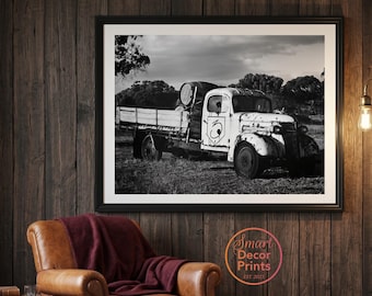 Black and White Vintage Truck Photo, Rustic Decor Wall Art, A2 Digital Download Poster