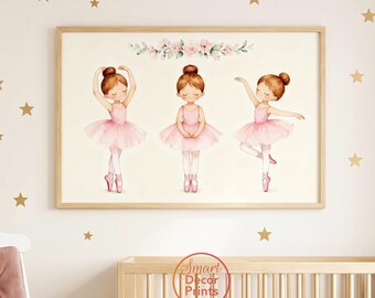 Babykamerdecoratie met drie roze ballerina's, balletthema voor een meisjeskamer
