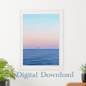 Sunset photo of a boat sailing on the ocean – original image, digital download wall art, nautical photo print, ocean decor, coastal art