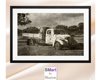 Foto di camion d'epoca in bianco e nero, decorazione murale rustica, poster digitale A2 scaricabile