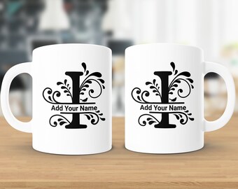 Elegant Monogram Coffee Mug, Personalized Initial Letter "I" with Swirls and Birds, Custom Name Gift