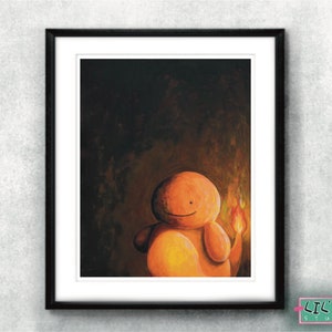May include: A painting of a smiling orange character with a small flame in its hand, set against a dark background.