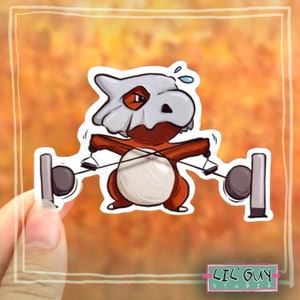 May include: A cartoon illustration of a brown and white Pokemon character, with a skull-like head, working out with a cable machine. The character is wearing a white headband and has a determined expression on its face. The background is a blurry orange and brown color.