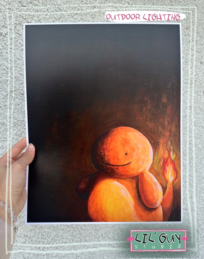 May include: A painting of a cartoon orange character with a flame tail. The character is smiling and has a dark background.