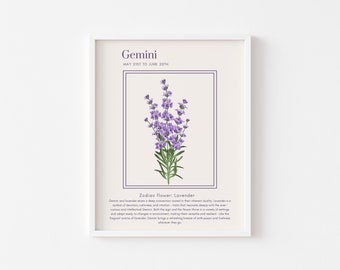 Tweelingen sterrenbeeld astrologie Art Print, Tweelingen kunst aan de muur, astrologie poster, Tweelingen cadeau, afdrukbare poster dierenriem, vintage bloemenprints