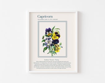 CAPRICORN Zodiac Astrology Art Print, Capricorn Wall Art, Astrology Poster, Capricorn Gift,Capricorn Printable Poster, Vintage Floral Prints