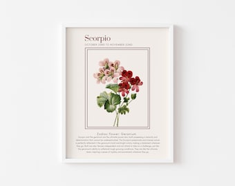 SCORPIO Zodiac Astrology Art Print, Scorpio Wall Art, Astrology Poster, Scoprio Gift, Zodiac Printable Poster, Vintage Floral Prints