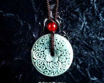 Authentique collier zen en jade vert - pendentif bijoux de sculpture asiatique en jade - amulette vintage en jadéite - chance et prospérité - livraison gratuite