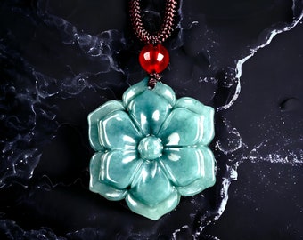 Authentic Green Jade Lotus Necklace - Jade Asian Carving Jewelery Pendant - Jadeite Vintage Amulet - Luck & Prosperity - Free Shipping