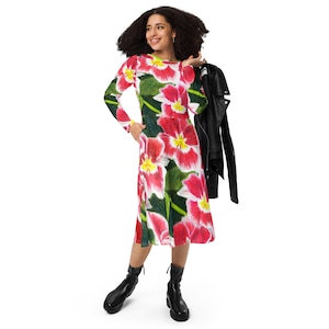 All-over print long sleeve midi dress