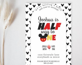 ハーフバースデーパーティー招待状、ミッキーモバイル招待、6ヶ月お祝い用ダウンロード招待状、ミッキーマウス誕生日招待状