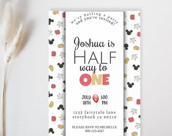 ハーフバースデーパーティー招待状、ミッキーモバイル招待、6ヶ月お祝い用ダウンロード招待状、ミッキーマウス誕生日招待状